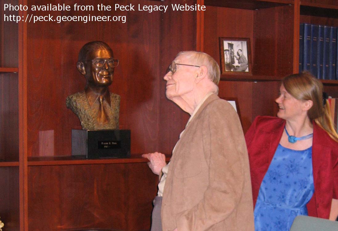 Photo#90: From the Peck bust presentation at NGI, August 21, 2005. Ralph Peck Bust, Ralph Peck and Suzanne Lacasse.