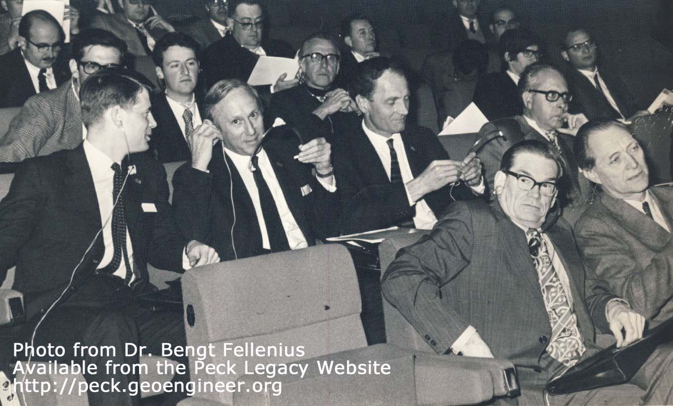 Photo#127: Dr. Peck 
and  Lauritz Bjerrum, on April 1972, attending the 5th ECSMFE in Madrid. In the row behind, to the left is Bengt H. Fellenius, and next is G.M. Cornfield of British Steel Piling Co.