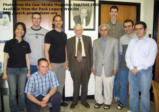 Photo#110: With University of Illinois students, 2005. From left to right: Chen-wien Huang, Aaron Sacks (seated), Ben Mattson, Daniel Servigna, Dr. Peck, Prof. Gholamreza Mesri, David Westendorf, Addolreza Ossouli, Abouzar Sadrekarimi. Photo from the Geo-Strata Magazine Sep/Oct 2008.