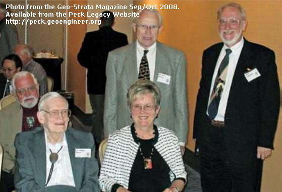 Photo#111: At the ASCE New Mexico Section Fall 2007 meeting. Front row, from left to right: Ralph Peck, Nancy Peck Young. Second row left to right: Allen Young, Ron Salley, John Lommler. Photo from the Geo-Strata Magazine Sep/Oct 2008.
