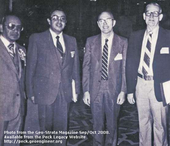 Photo#112: At the 7th Pan-American Conference on Soil Mechanics and Foundation Engineering in Vancouver, Canada, June 1983. From left to right: Dr. Arnaldo Carrillo-Gil, Dr. Jorge Troncoso, Dr. H.B. Seed, Dr. Peck. Photo from the Geo-Strata Magazine Sep/Oct 2008.