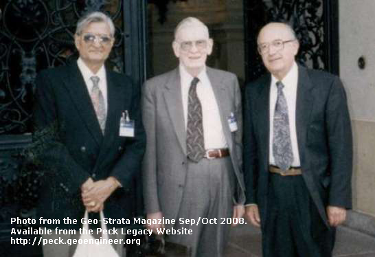 Photo#114: At the 14th ICSMFE in Hamburg, Germany, September 1997. From left to right:Dr. Shamsher Prakash, Dr. Peck, and Dr. Mark Svinkin. Photo from the Geo-Strata Magazine Sep/Oct 2008.
